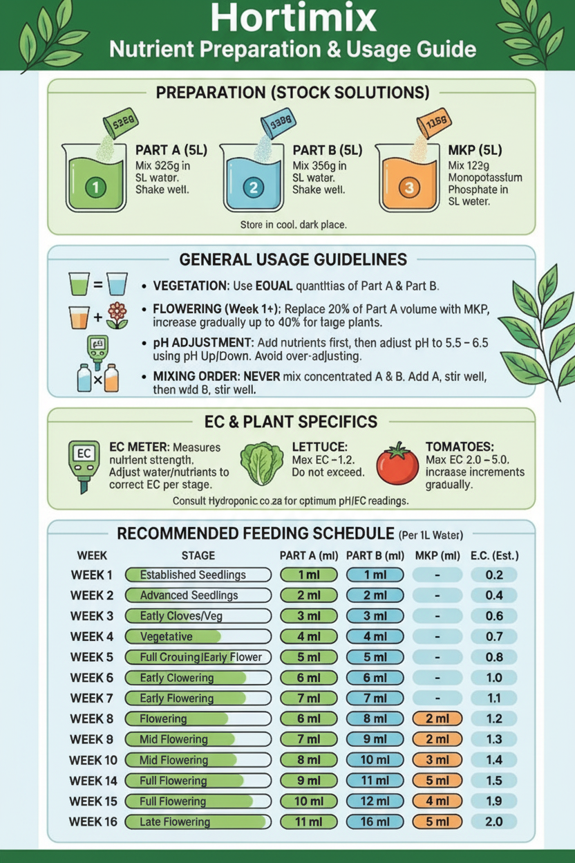 Hortimix Nutrient Preparation & Usage Guide - Mixing Ratios and Feeding Schedule