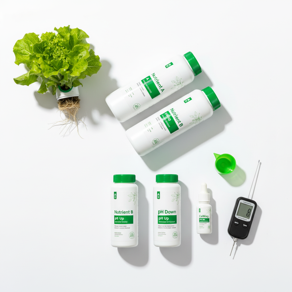 Monthly hydroponic nutrient refill pack with Nutrient A&B, pH Up, pH Down and CalMag bottles